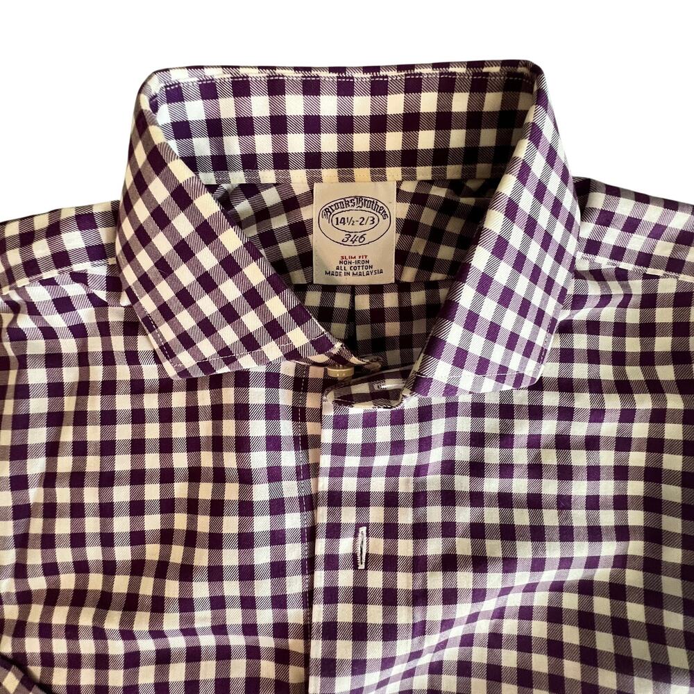 Brooks Brothers 346 SLIM-fit Purple Gingham Poplin Shirt Spread Collar 14.5-2/3